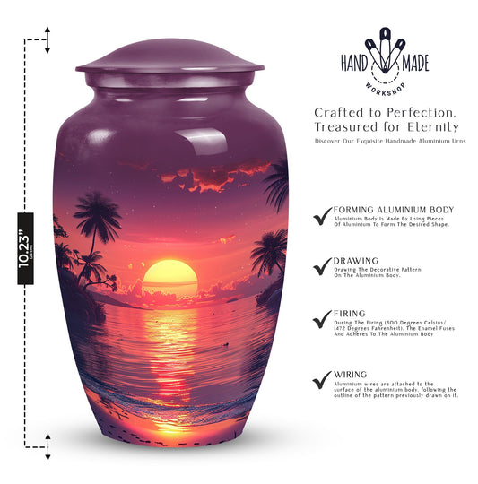 Purple urn dedicated for female adult ashes, suitable for burial in ground, depicted with sun symbol, ideal for mom's remembrance