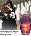 Purple urn dedicated for female adult ashes, suitable for burial in ground, depicted with sun symbol, ideal for mom's remembrance