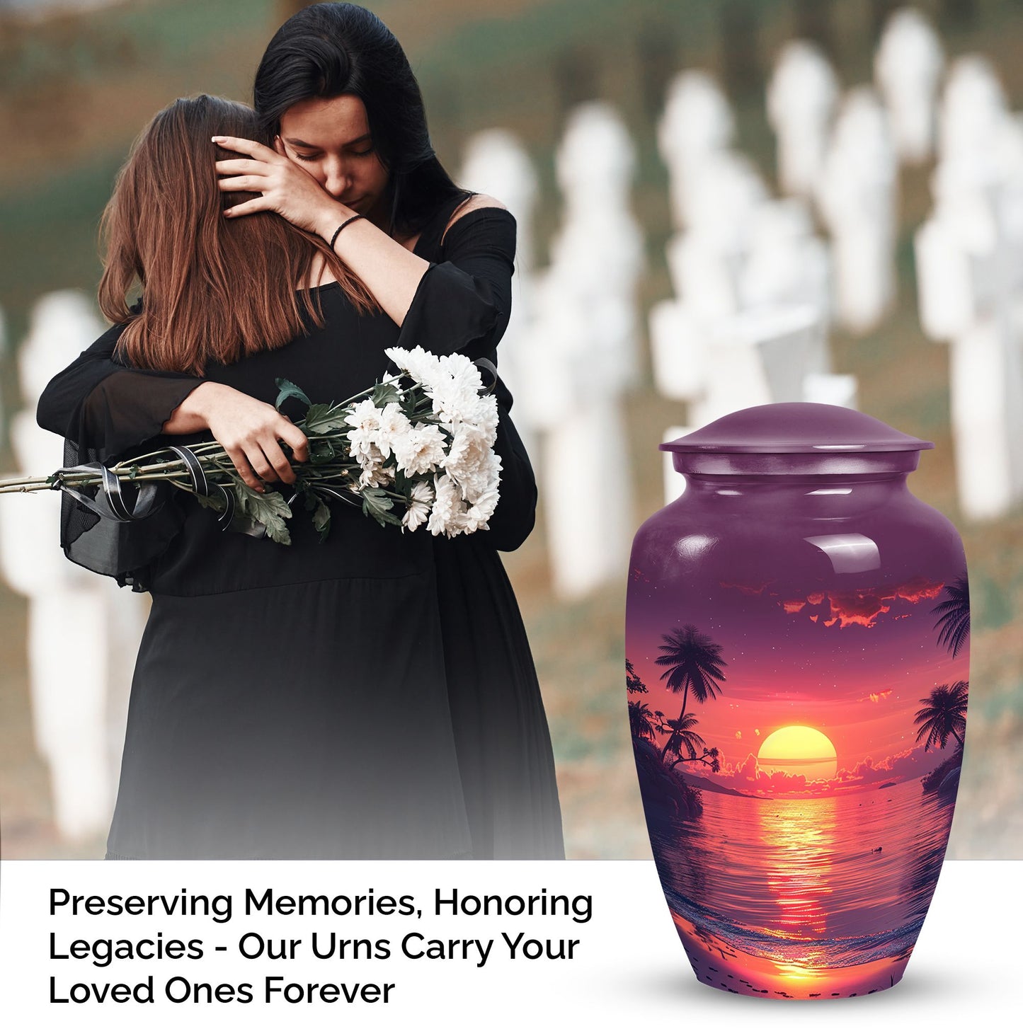 Purple urn dedicated for female adult ashes, suitable for burial in ground, depicted with sun symbol, ideal for mom's remembrance