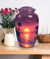 Purple urn dedicated for female adult ashes, suitable for burial in ground, depicted with sun symbol, ideal for mom's remembrance