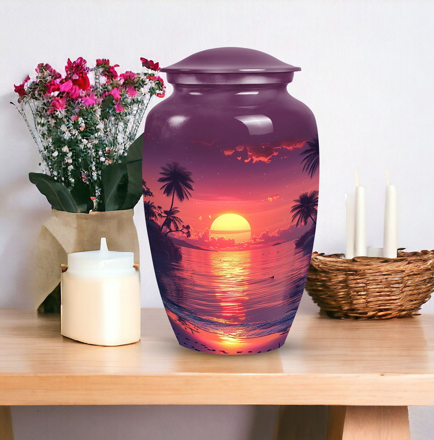 Purple urn dedicated for female adult ashes, suitable for burial in ground, depicted with sun symbol, ideal for mom's remembrance