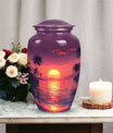 Purple urn dedicated for female adult ashes, suitable for burial in ground, depicted with sun symbol, ideal for mom's remembrance