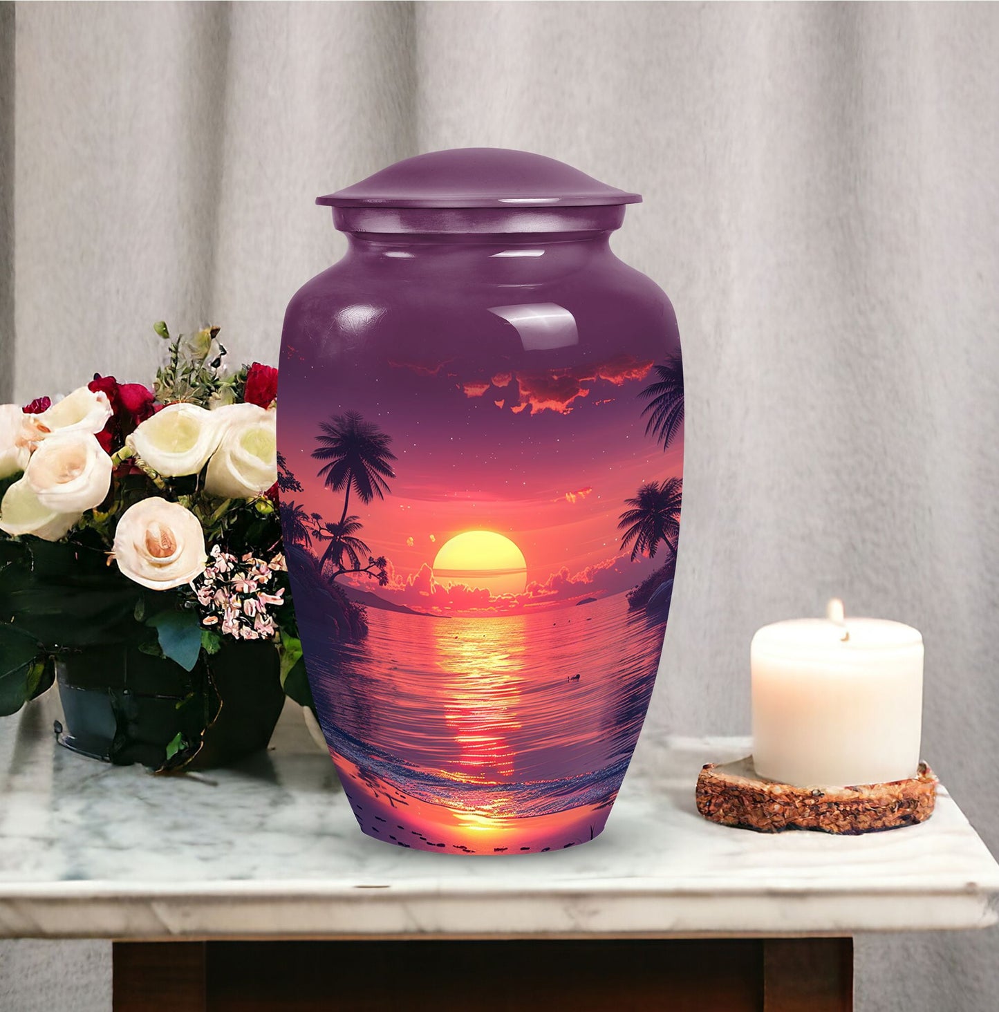 Purple urn dedicated for female adult ashes, suitable for burial in ground, depicted with sun symbol, ideal for mom's remembrance