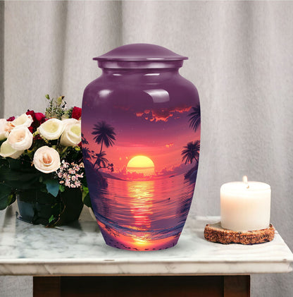 Purple urn dedicated for female adult ashes, suitable for burial in ground, depicted with sun symbol, ideal for mom's remembrance