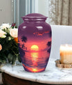 Purple urn dedicated for female adult ashes, suitable for burial in ground, depicted with sun symbol, ideal for mom's remembrance