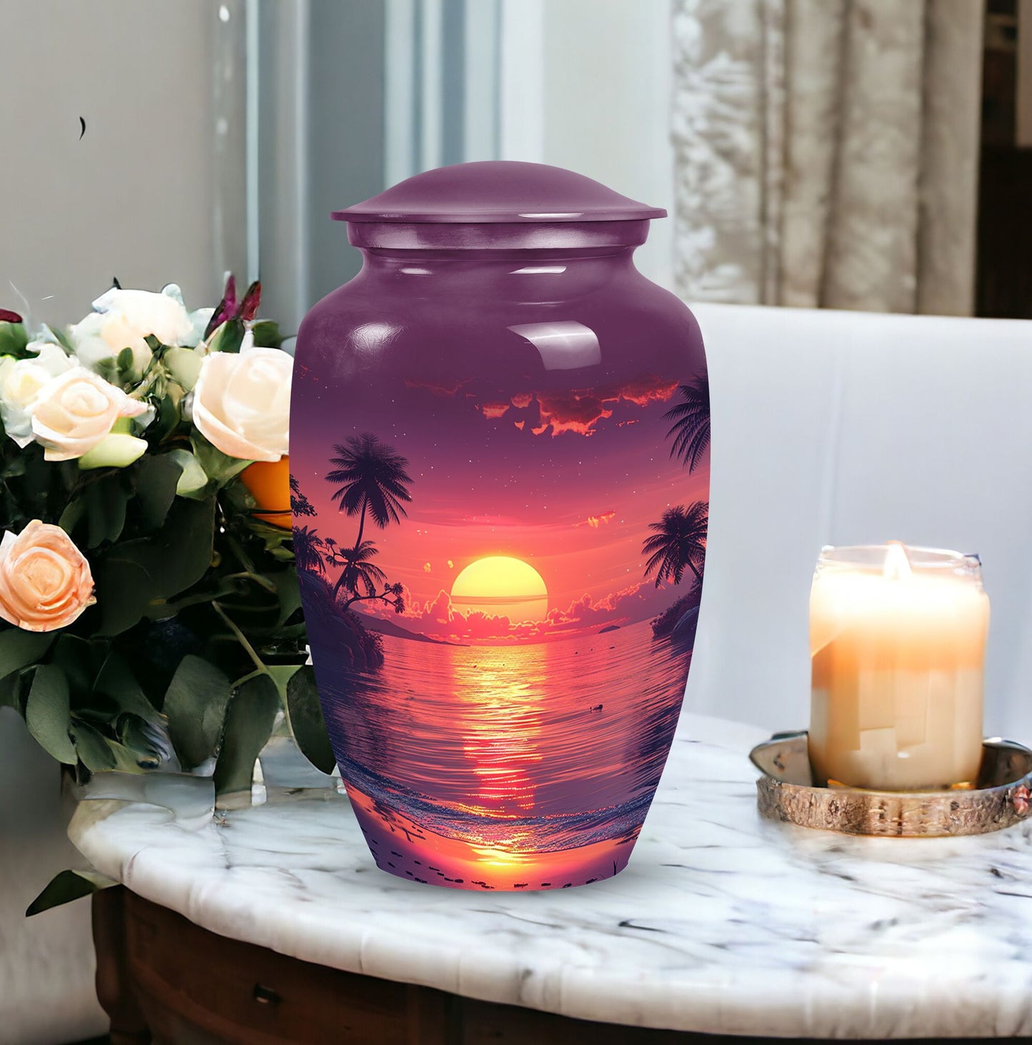 Purple urn dedicated for female adult ashes, suitable for burial in ground, depicted with sun symbol, ideal for mom's remembrance
