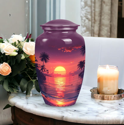 Purple urn dedicated for female adult ashes, suitable for burial in ground, depicted with sun symbol, ideal for mom's remembrance