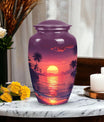 Purple urn dedicated for female adult ashes, suitable for burial in ground, depicted with sun symbol, ideal for mom's remembrance