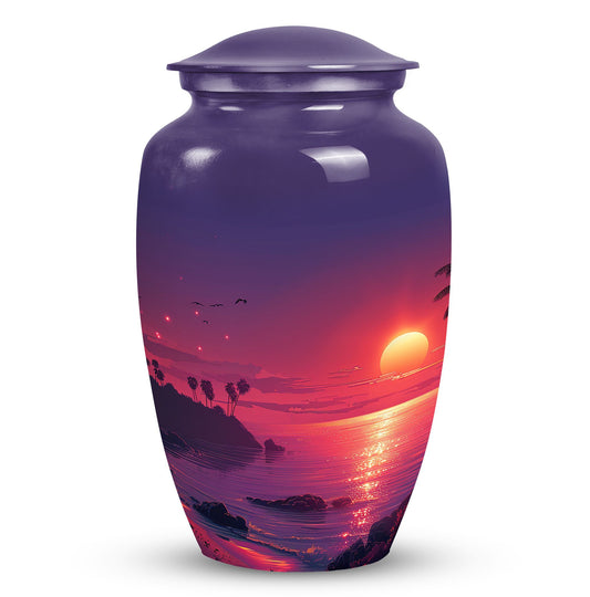 Large purple Sunset Urn of aluminium, measures 10 inches high and 7 inches in diameter with customization of engraved names. Package includes velvet pouch and handling instructions.