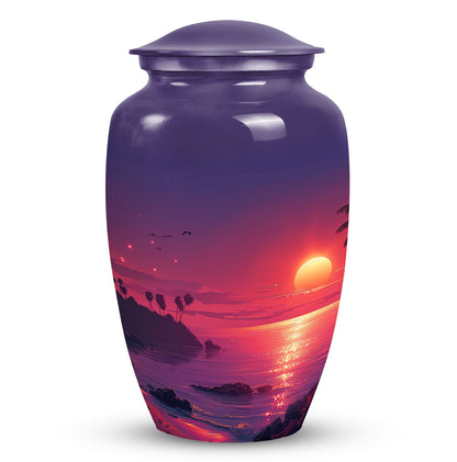 Large purple Sunset Urn of aluminium, measures 10 inches high and 7 inches in diameter with customization of engraved names. Package includes velvet pouch and handling instructions.