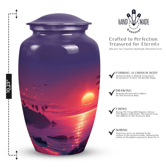 Large purple Sunset Urn of aluminium, measures 10 inches high and 7 inches in diameter with customization of engraved names. Package includes velvet pouch and handling instructions.