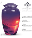 Large purple Sunset Urn of aluminium, measures 10 inches high and 7 inches in diameter with customization of engraved names. Package includes velvet pouch and handling instructions.