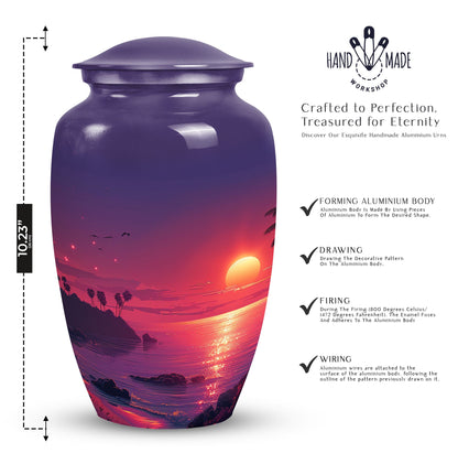 Large purple Sunset Urn of aluminium, measures 10 inches high and 7 inches in diameter with customization of engraved names. Package includes velvet pouch and handling instructions.