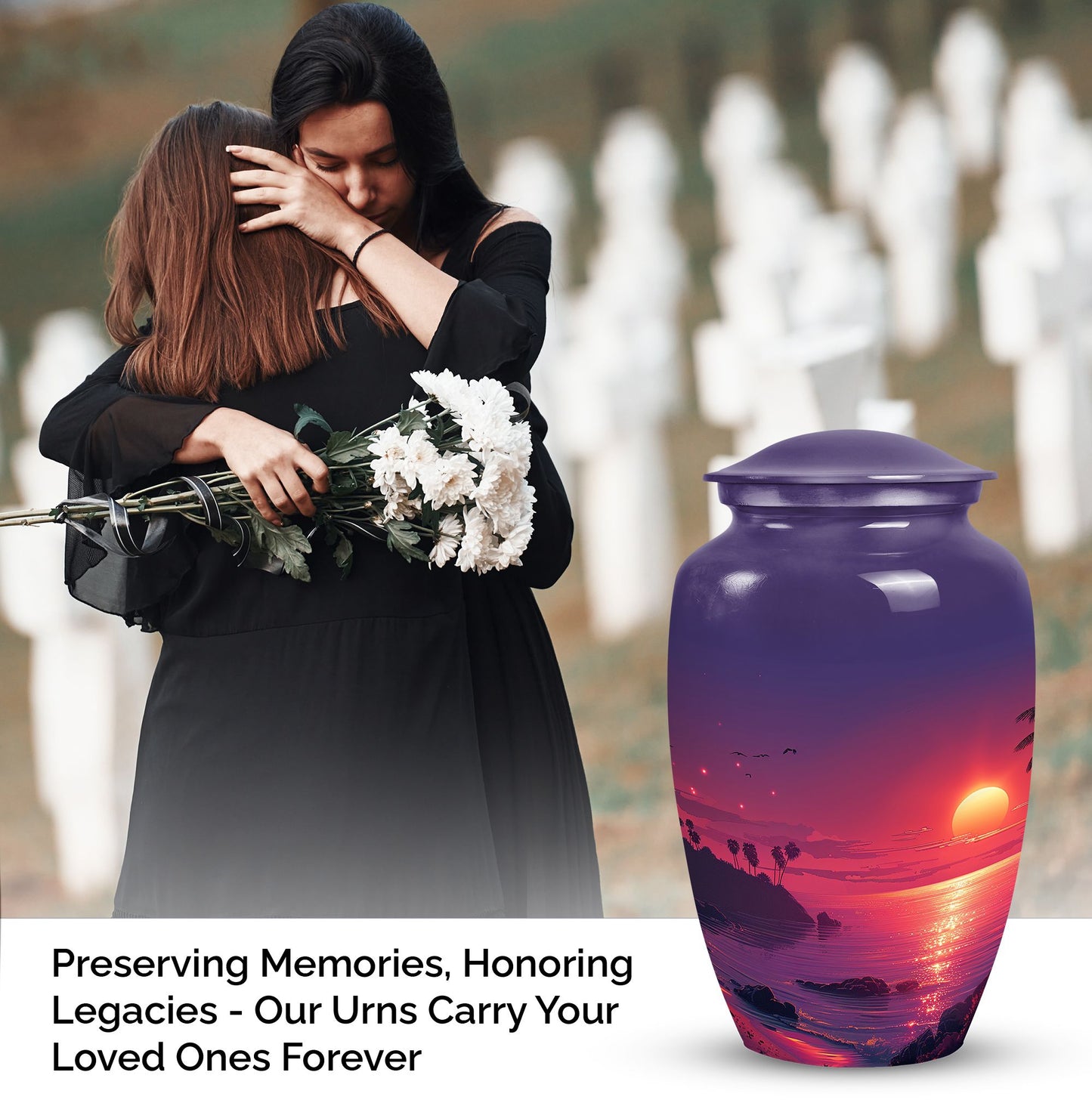 Large purple Sunset Urn of aluminium, measures 10 inches high and 7 inches in diameter with customization of engraved names. Package includes velvet pouch and handling instructions.