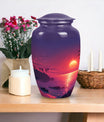Large purple Sunset Urn of aluminium, measures 10 inches high and 7 inches in diameter with customization of engraved names. Package includes velvet pouch and handling instructions.