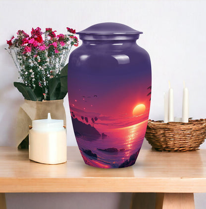 Large purple Sunset Urn of aluminium, measures 10 inches high and 7 inches in diameter with customization of engraved names. Package includes velvet pouch and handling instructions.