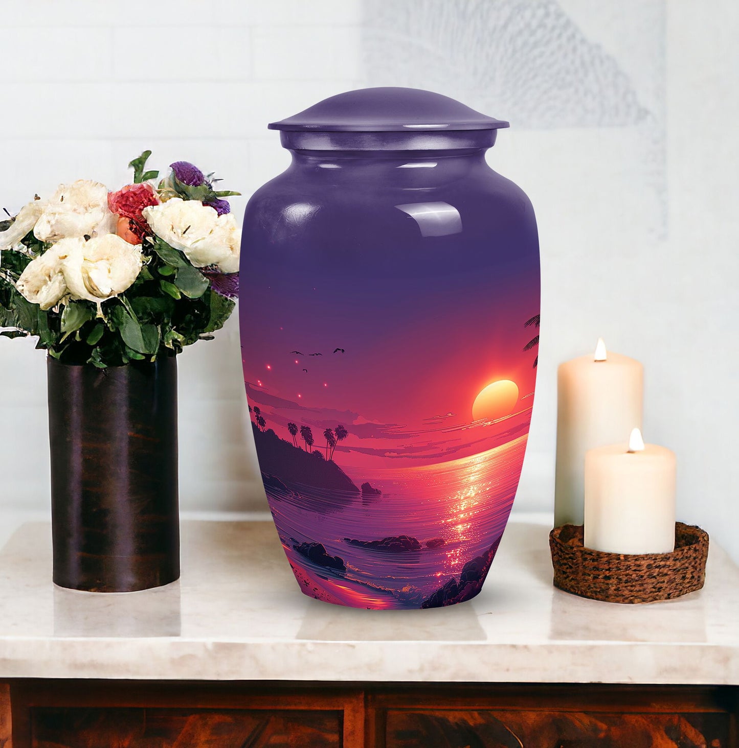 Large purple Sunset Urn of aluminium, measures 10 inches high and 7 inches in diameter with customization of engraved names. Package includes velvet pouch and handling instructions.