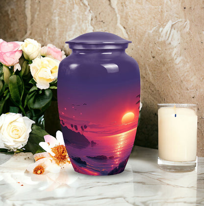 Large purple Sunset Urn of aluminium, measures 10 inches high and 7 inches in diameter with customization of engraved names. Package includes velvet pouch and handling instructions.
