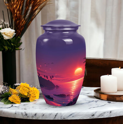Large purple Sunset Urn of aluminium, measures 10 inches high and 7 inches in diameter with customization of engraved names. Package includes velvet pouch and handling instructions.