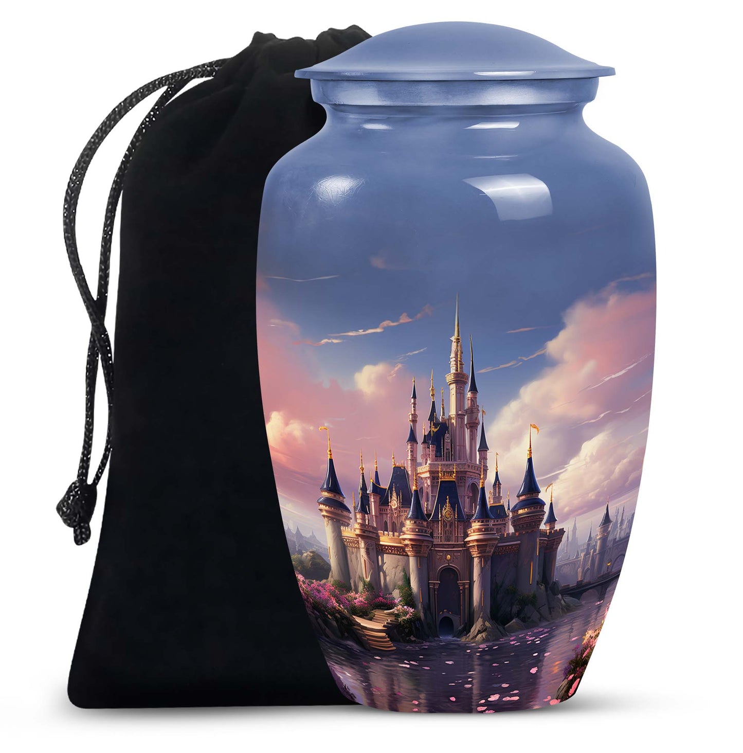 Elegant funeral urn named 'The Castle By The Blooming River', perfect to preserve adult human ashes.