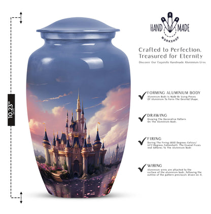 Elegant funeral urn named 'The Castle By The Blooming River', perfect to preserve adult human ashes.