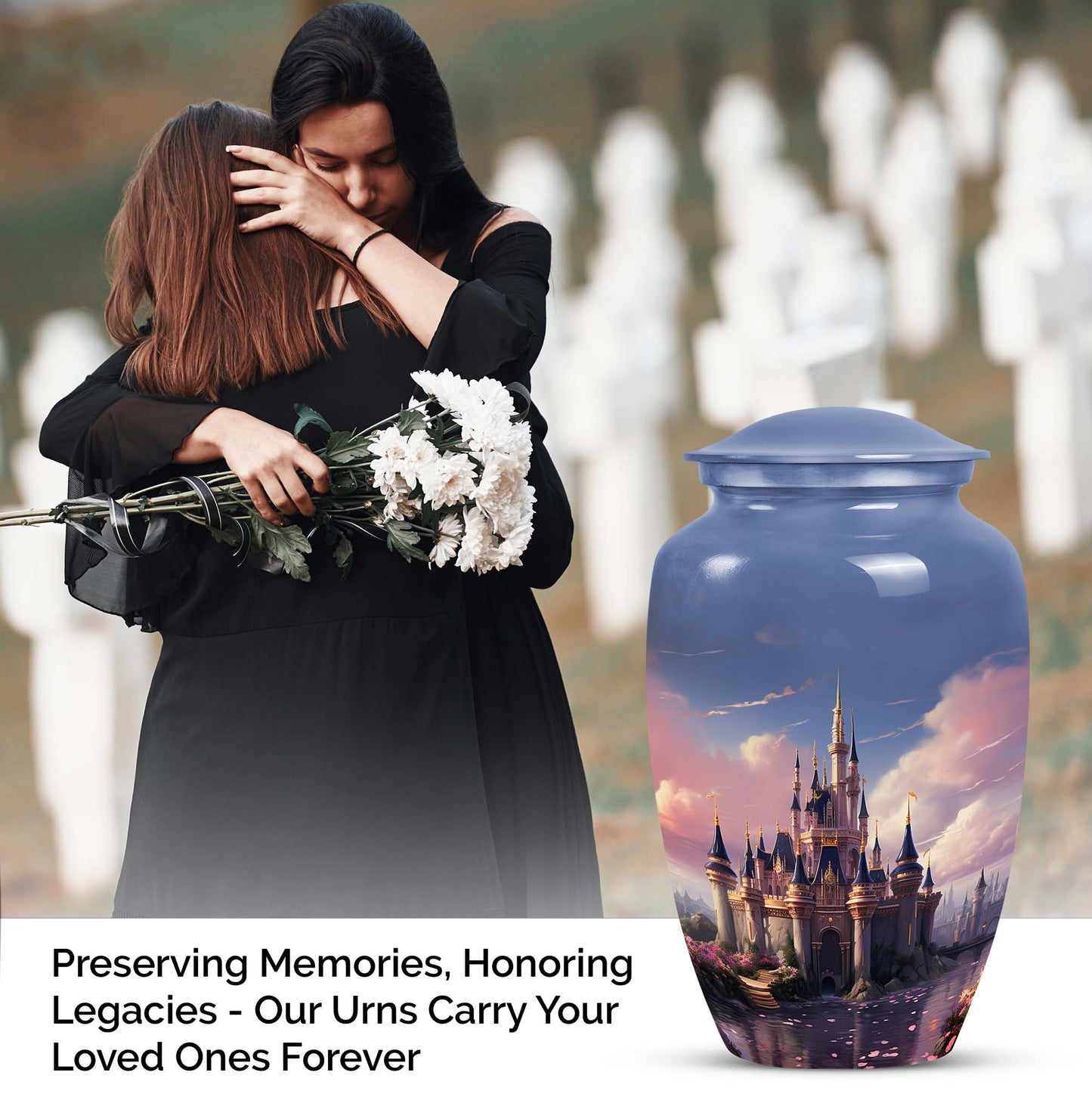 Elegant funeral urn named 'The Castle By The Blooming River', perfect to preserve adult human ashes.