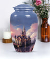 Elegant funeral urn named 'The Castle By The Blooming River', perfect to preserve adult human ashes.