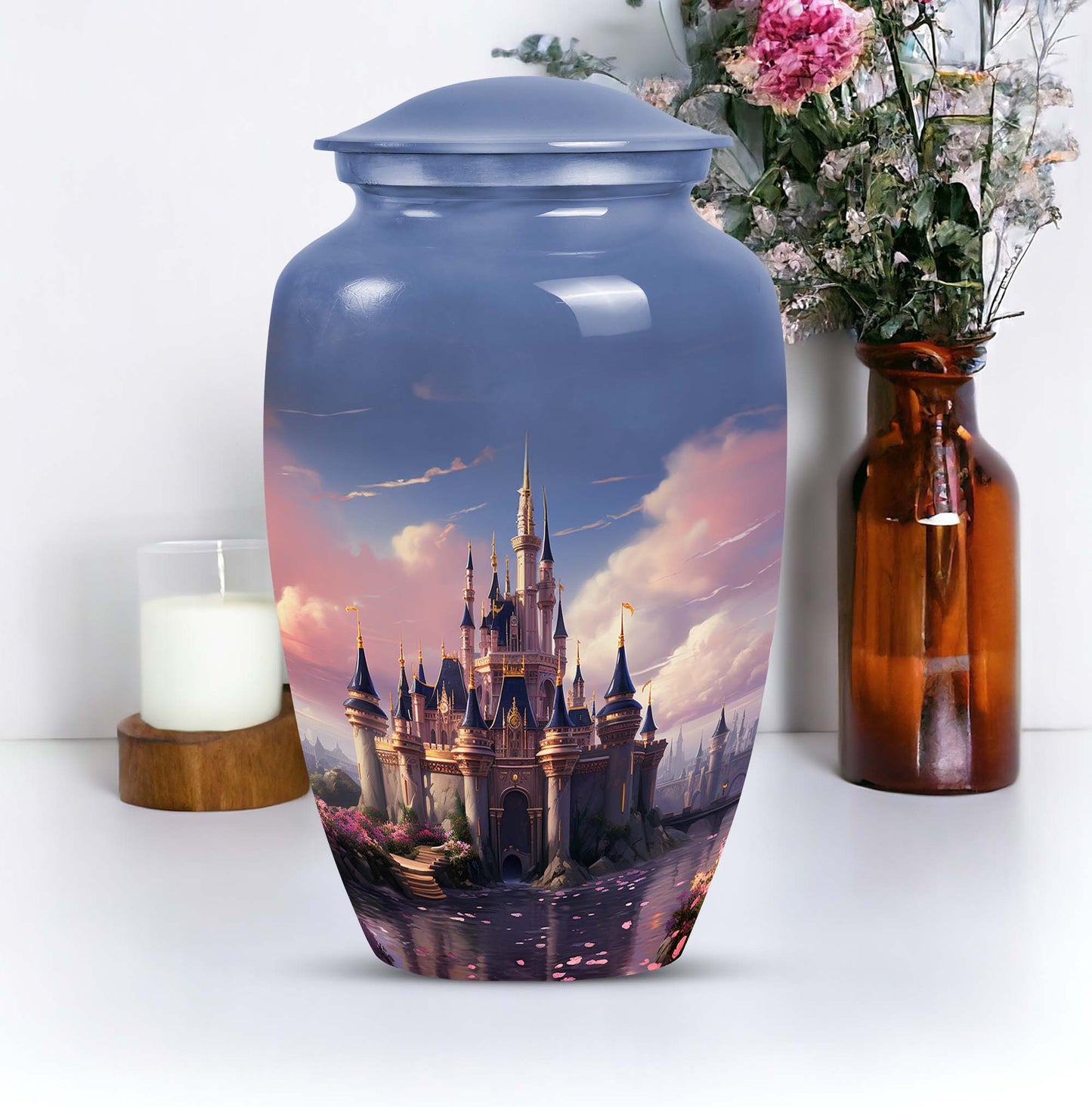 Elegant funeral urn named 'The Castle By The Blooming River', perfect to preserve adult human ashes.