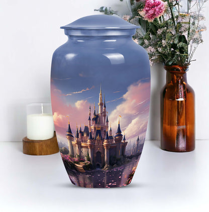 Elegant funeral urn named 'The Castle By The Blooming River', perfect to preserve adult human ashes.