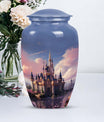 Elegant funeral urn named 'The Castle By The Blooming River', perfect to preserve adult human ashes.