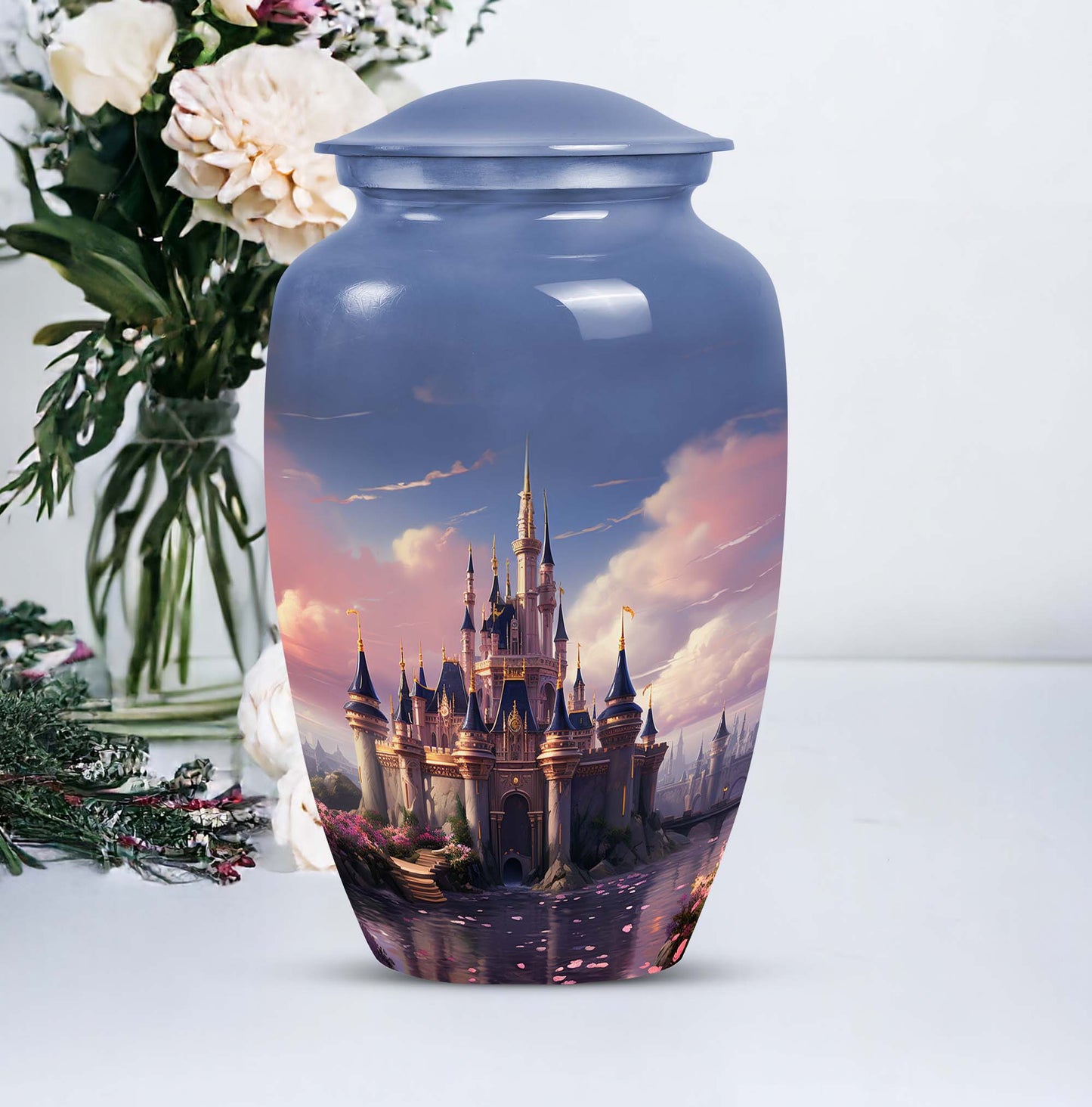 Elegant funeral urn named 'The Castle By The Blooming River', perfect to preserve adult human ashes.