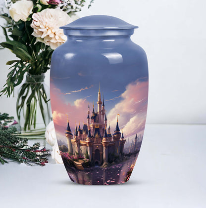 Elegant funeral urn named 'The Castle By The Blooming River', perfect to preserve adult human ashes.