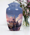 Elegant funeral urn named 'The Castle By The Blooming River', perfect to preserve adult human ashes.