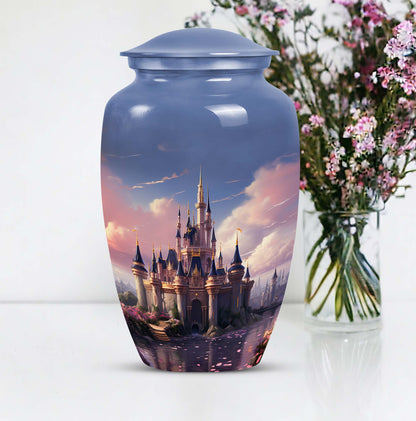 Elegant funeral urn named 'The Castle By The Blooming River', perfect to preserve adult human ashes.
