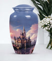Elegant funeral urn named 'The Castle By The Blooming River', perfect to preserve adult human ashes.