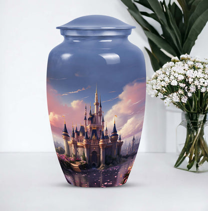 Elegant funeral urn named 'The Castle By The Blooming River', perfect to preserve adult human ashes.