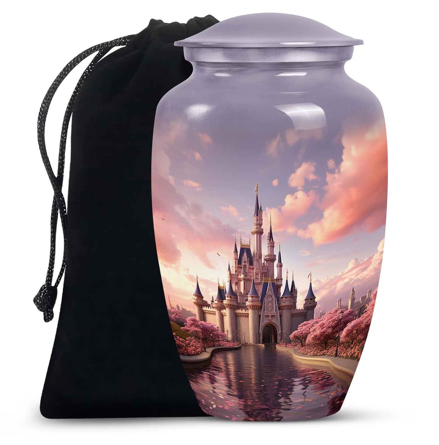 Miniature funeral urn featuring a dreamy castle design, suitable for storing ashes of a beloved adult