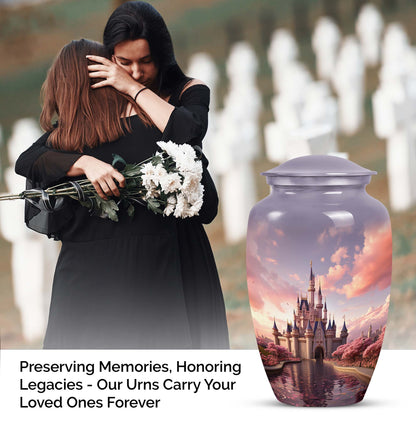 Miniature funeral urn featuring a dreamy castle design, suitable for storing ashes of a beloved adult