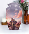 Miniature funeral urn featuring a dreamy castle design, suitable for storing ashes of a beloved adult