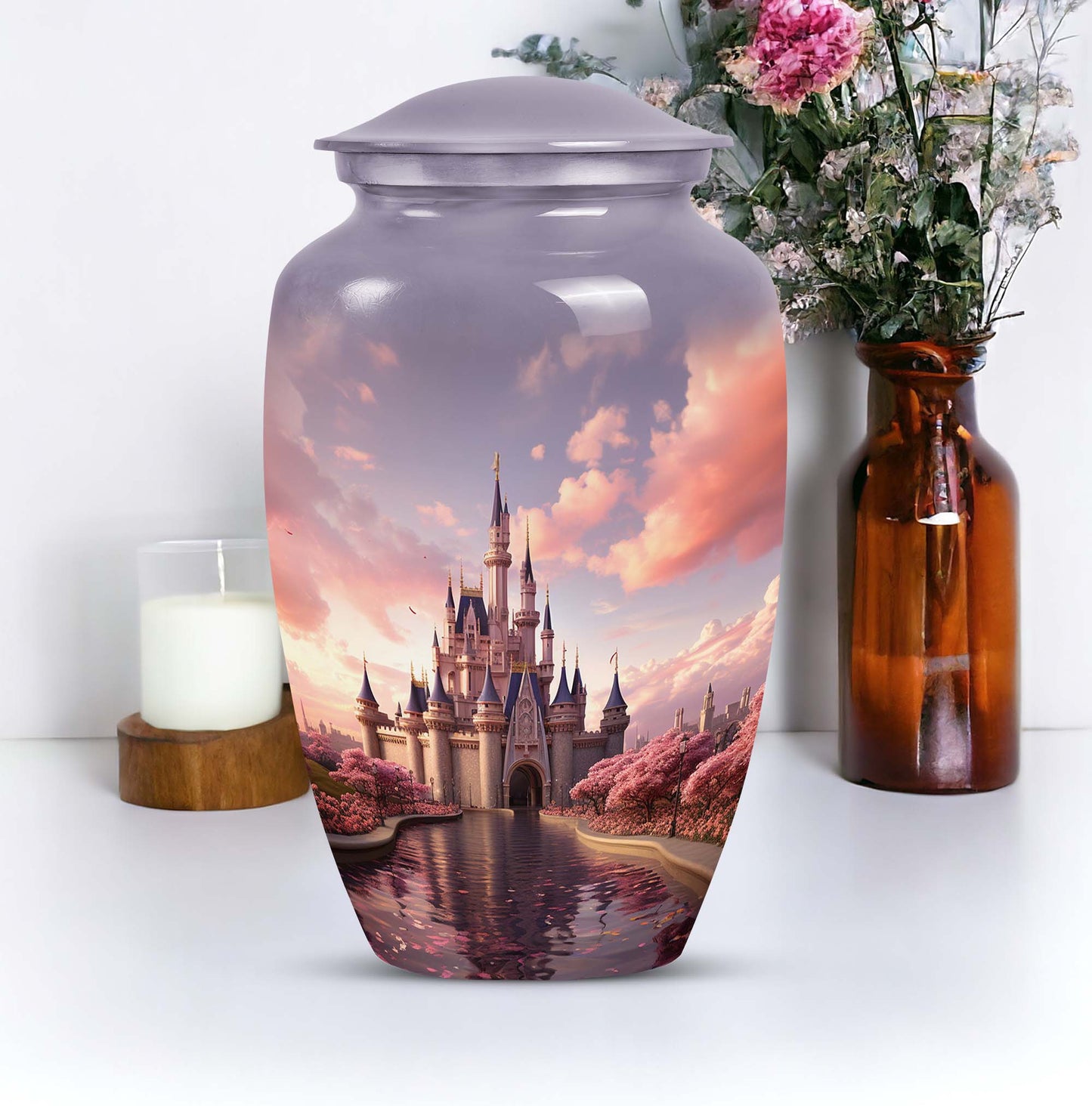 Miniature funeral urn featuring a dreamy castle design, suitable for storing ashes of a beloved adult