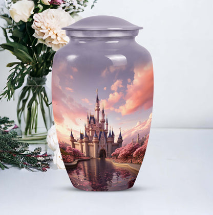 Miniature funeral urn featuring a dreamy castle design, suitable for storing ashes of a beloved adult