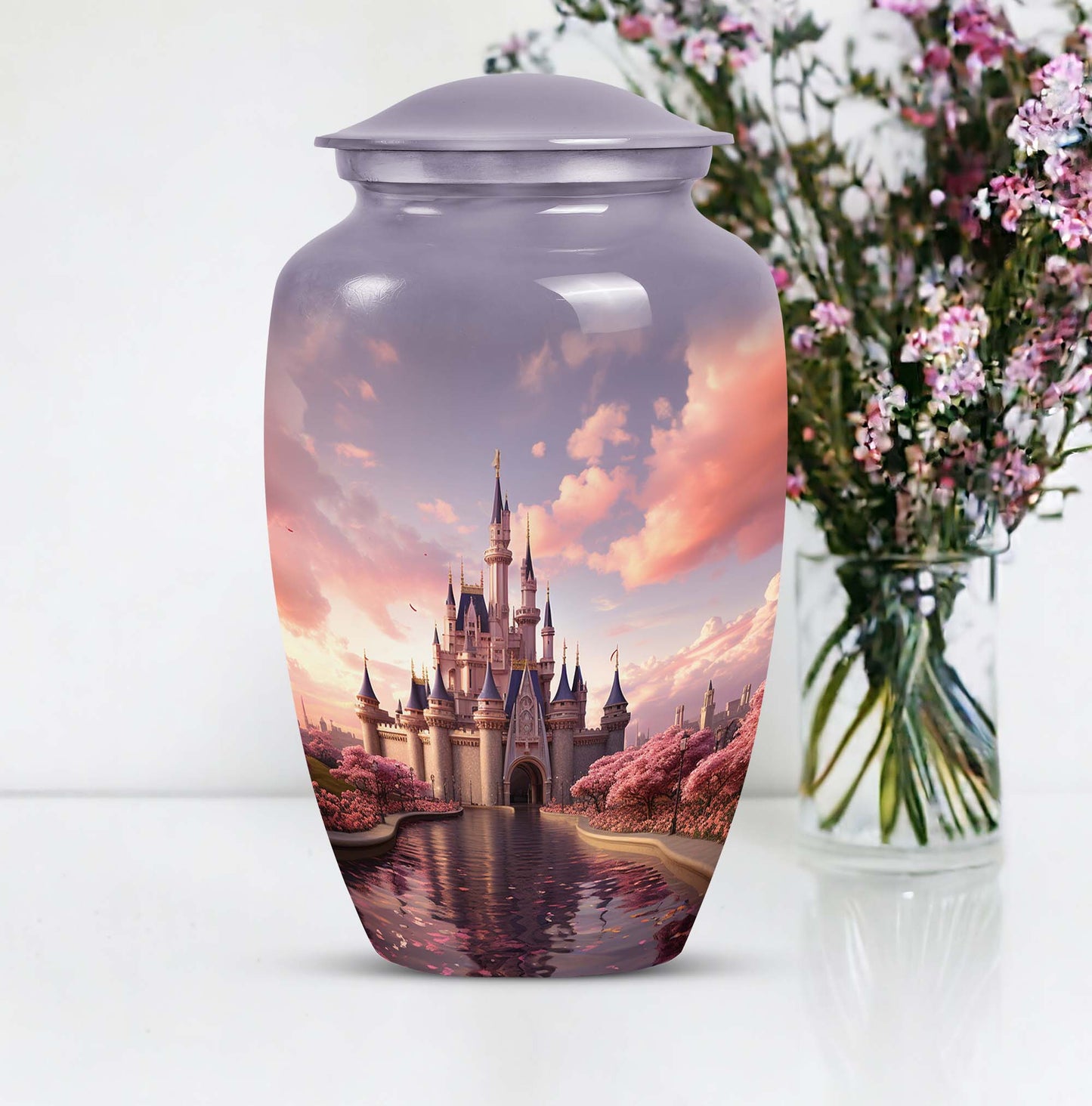 Miniature funeral urn featuring a dreamy castle design, suitable for storing ashes of a beloved adult