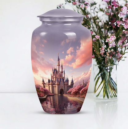 Miniature funeral urn featuring a dreamy castle design, suitable for storing ashes of a beloved adult