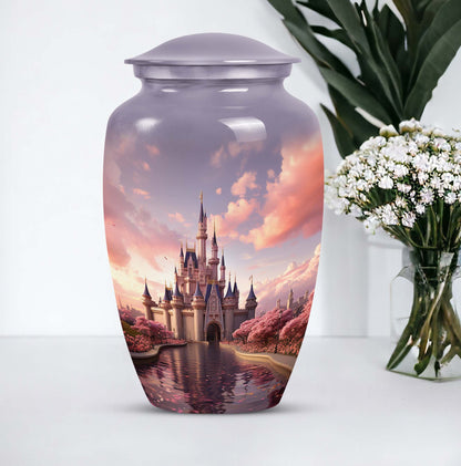 Miniature funeral urn featuring a dreamy castle design, suitable for storing ashes of a beloved adult