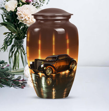 Classic car urn in golden era glow finish for adult cremation and ashes keepsake