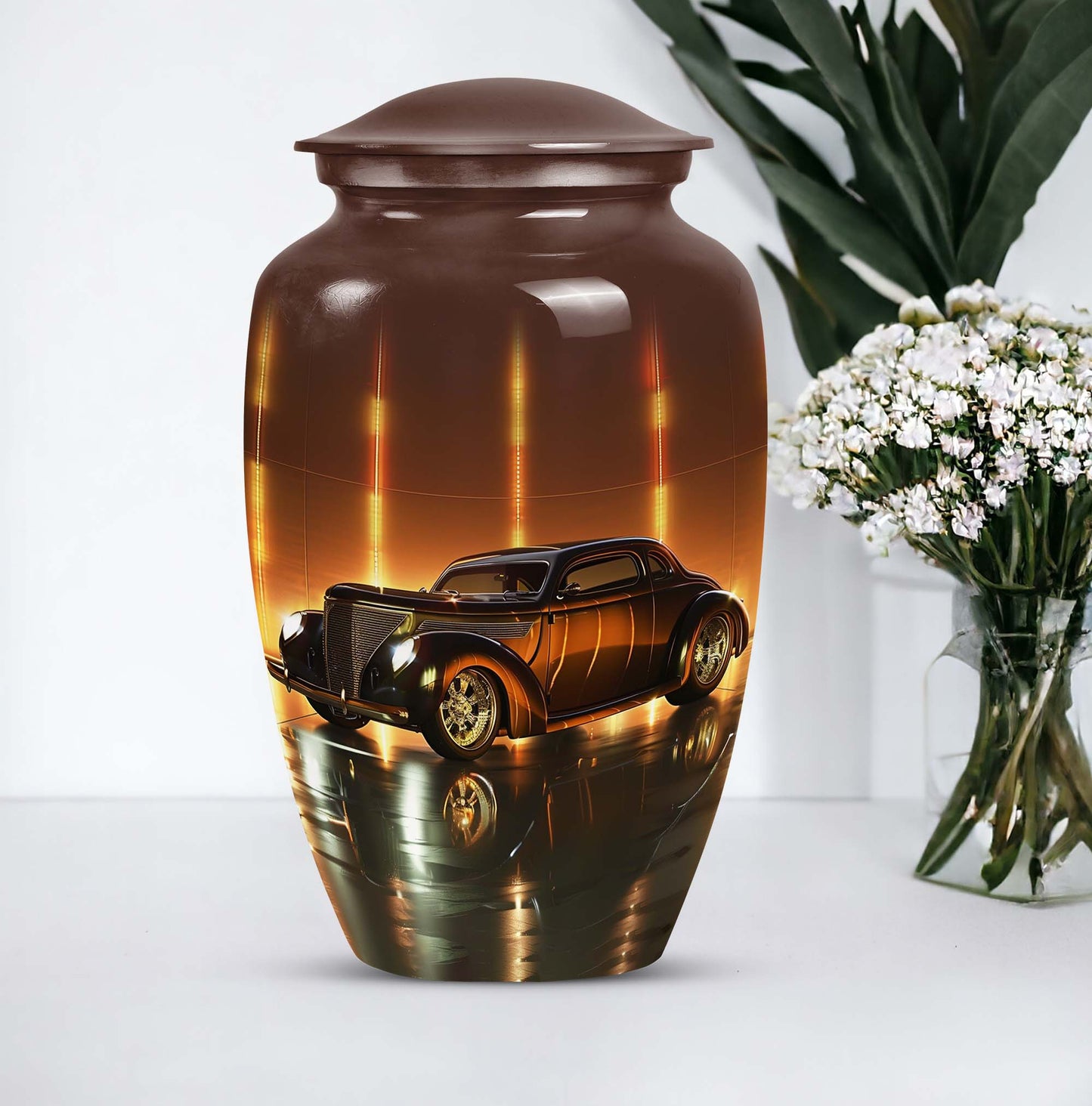 Classic car urn in golden era glow finish for adult cremation and ashes keepsake