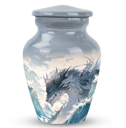 White Sea Dragon Urn for Human Ashes Rising From Ocean Waves, Cremation Urn