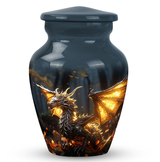 Dragon Urn for Ashes, Dark Gray Urn with Golden Dragon Breathing Embers, Memorial Urn