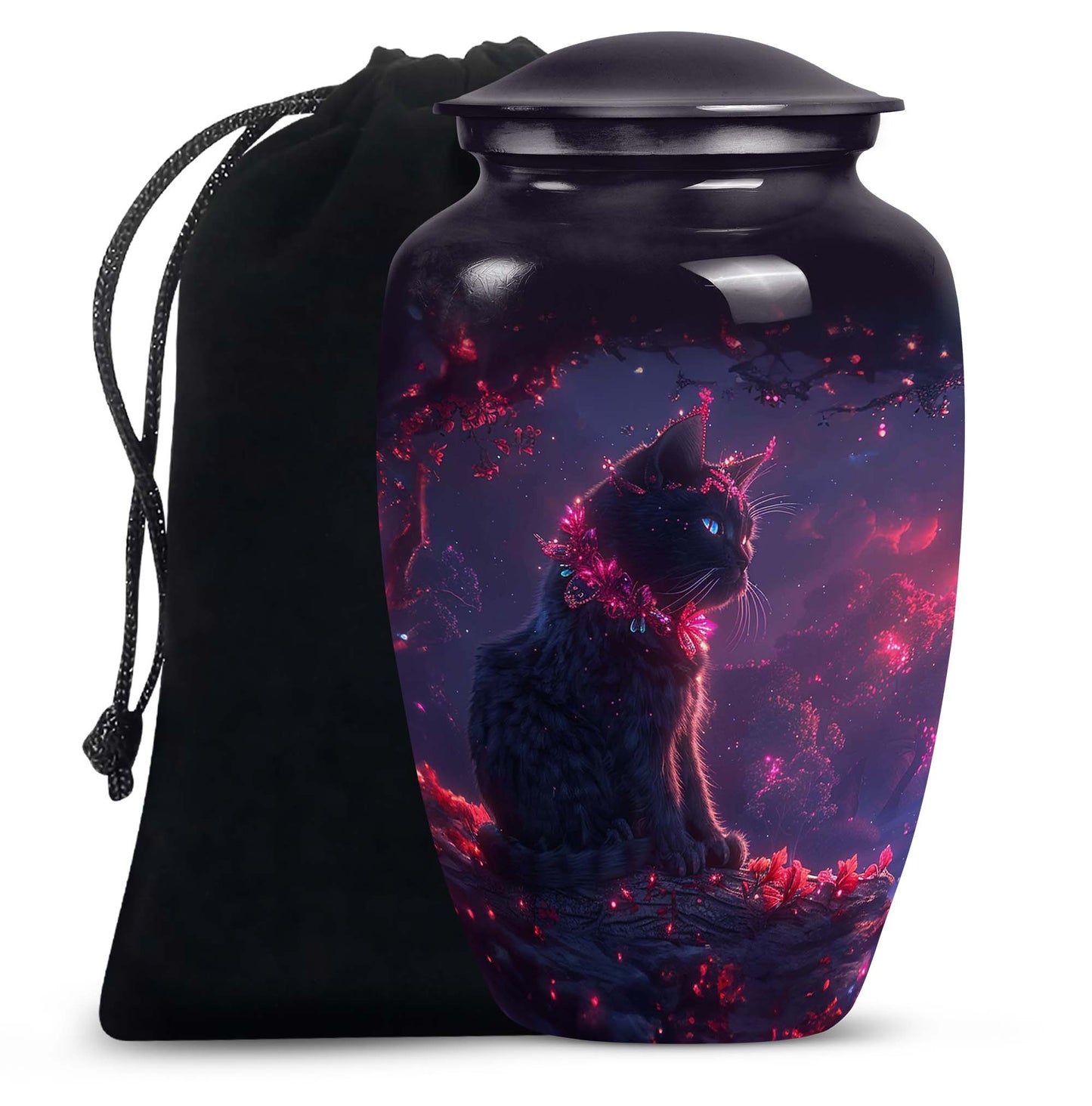 Cat Urn for Pet Ashes, Illustrated Black Cat with Red Floral Branches, Memorial Urn