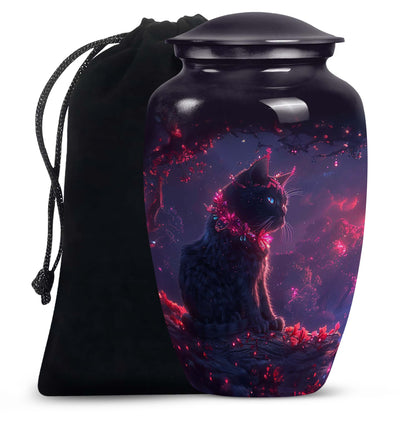 Cat Urn for Pet Ashes, Illustrated Black Cat with Red Floral Branches, Memorial Urn
